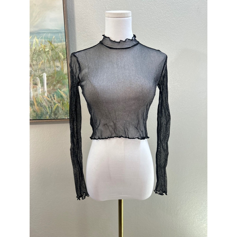 Y2K Black Sheer Mesh Mock Neck Crop Top Lettuce Hem Long Sleeve XS S Goth Fairy